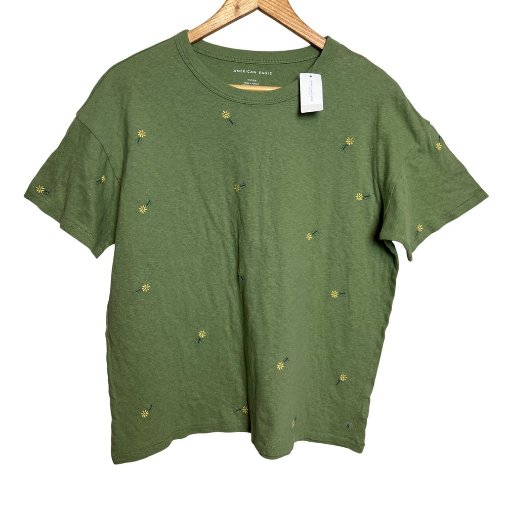 American Eagle Olive Green Embroidered Daisy T-Shirt Womens Small New Cotton Tee